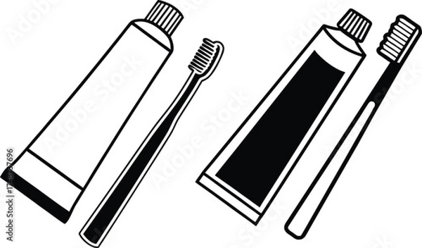 Fototapeta Two toothbrushes and toothpaste tubes silhouette isolated on white background