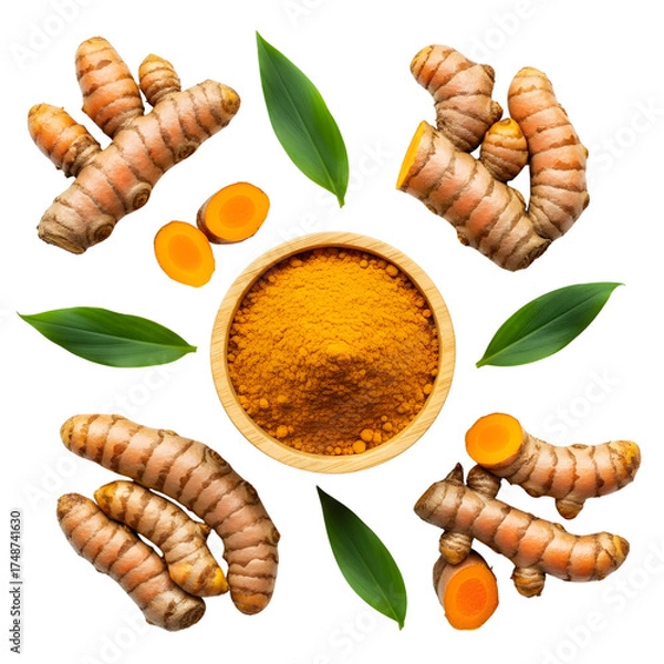 Fototapeta Overhead shot of turmeric roots, powder, and leaves isolated on transparent background, showcasing vibrant color and texture