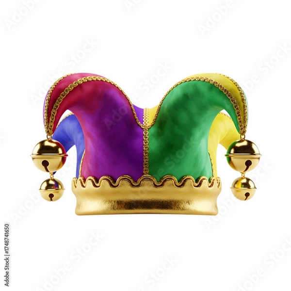 Fototapeta Colorful jester hat with golden bells isolated on transparent background festive headwear for carnival or party