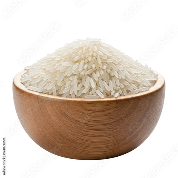 Fototapeta A wooden bowl full of uncooked basmati rice isolated on transparent background, ready to be cooked and served
