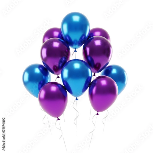 Fototapeta A bunch of shiny blue and purple balloons isolated on transparent background for party decoration and celebration