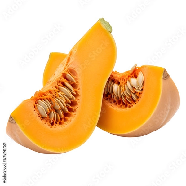 Fototapeta Two slices of fresh butternut squash isolated on transparent background, showcasing its vibrant orange flesh and seeds
