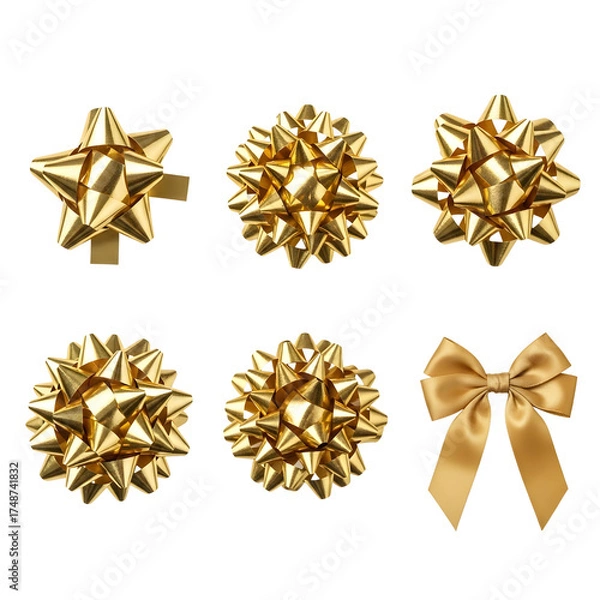Fototapeta Collection of six shiny golden bows isolated on transparent background, perfect for adding a touch of elegance to gifts