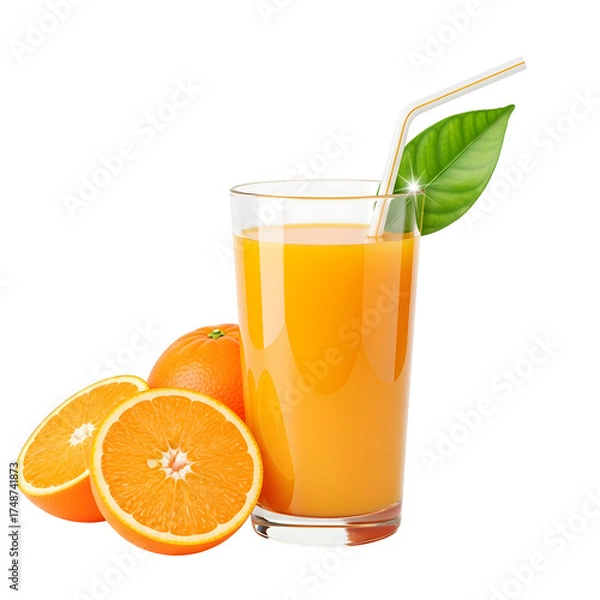 Fototapeta Freshly squeezed orange juice in a glass with a straw and leaf isolated on transparent background healthy drink