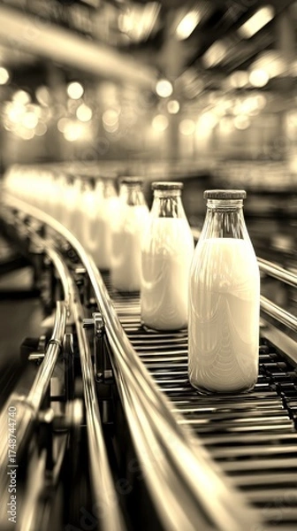 Obraz Bottles of milk on conveyor belt in dairy processing facility during production hours