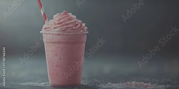Obraz Refreshing strawberry milkshake with whipped cream served in a cup with a straw on a dark background - Low Contrast