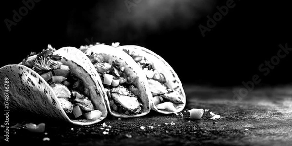 Obraz Delicious tacos filled with grilled chicken, fresh vegetables, and salsa on a textured surface
