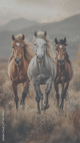 Obraz Majestic horses galloping through a golden meadow during sunset in the serene countryside - Low Contrast