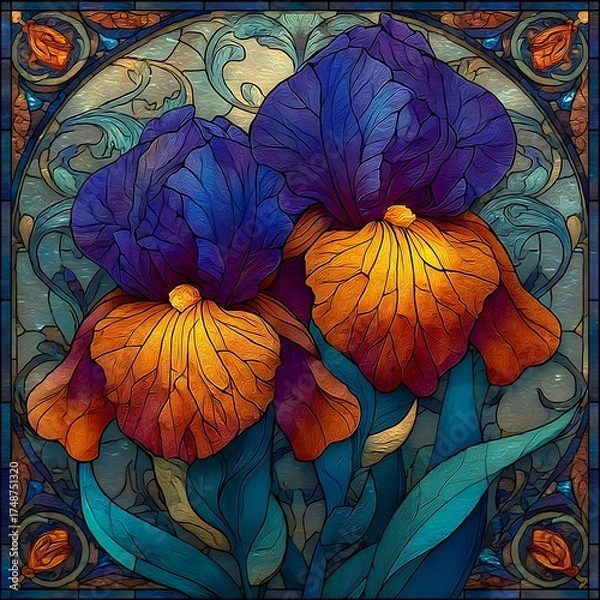 Fototapeta Ornate stained glass botanical flower pattern high resolution picture
