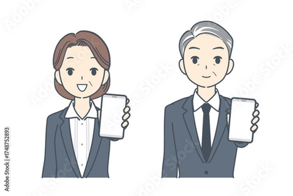 Fototapeta スマートフォンを前に突き出して指して見せる中年のビジネスマンと中年のビジネスウーマンのイラスト