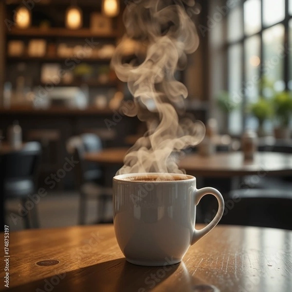 Obraz Steaming Americano coffee cup on a wooden table in a cozy cafe setting