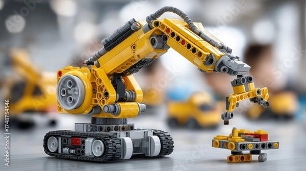 Obraz Creative toy robotic arm in yellow design assembling blocks symbolizing playful education engineering and robotics creativity concept, Generative AI