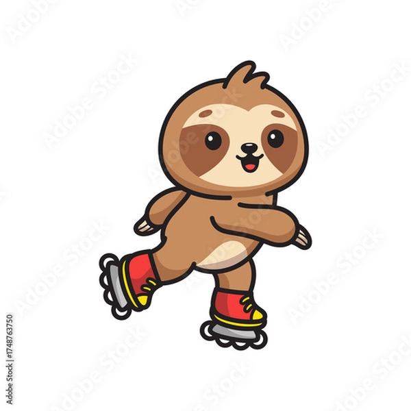 Obraz Cute Cartoon Sloth Character Skating with Red Rollerblades and Yellow Accents on Transparent Background Vector Art
