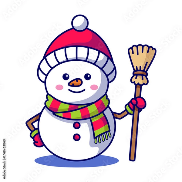 Obraz Cute Cartoon Snowman Character Wearing Red Hat and Striped Scarf Holding a Broomstick Ready for Winter Fun and Holidays with Pixel Art Style