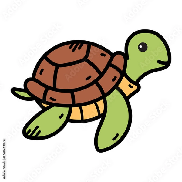 Obraz Cute Cartoon Turtle Doodle Illustration With Transparent Background and Simple Outline In Green And Brown Colors