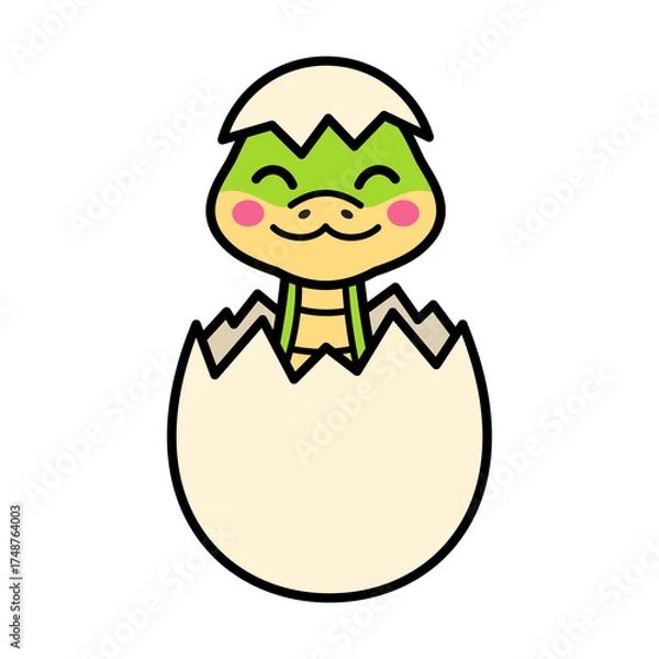 Obraz Cute Green Cartoon Dinosaur Hatching From A White Egg With Pink Cheeks And A Happy Expression Against A Transparent Background