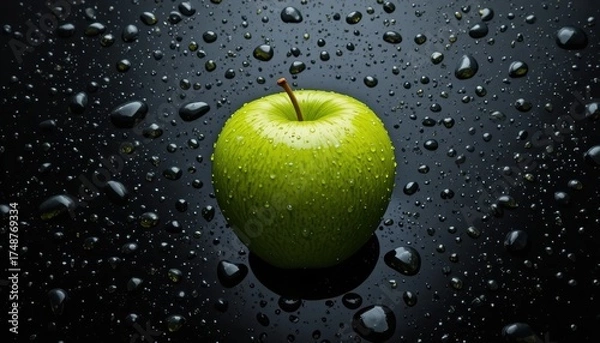 Obraz Bright Green Apple Surrounded by Water Droplets on a Dark Surface