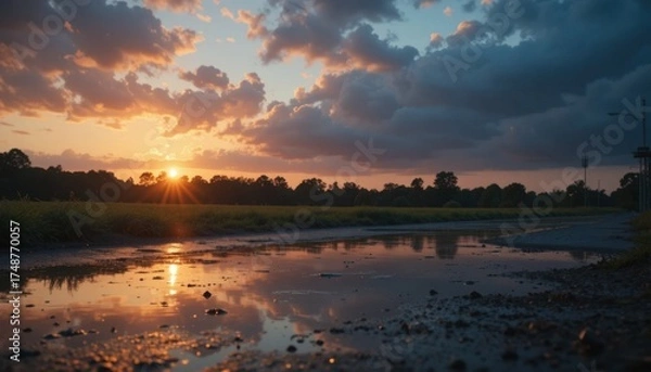 Obraz Sunset Reflection on a Quiet Rural Road Creates a Picturesque Evening Scene