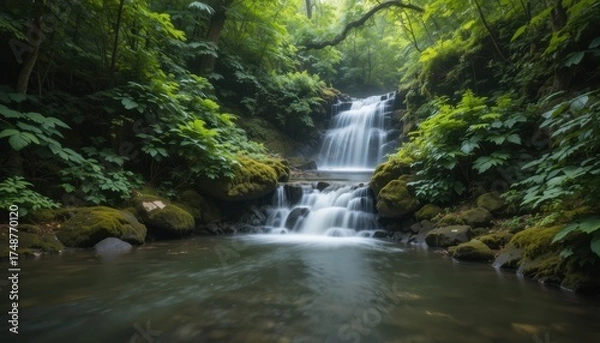 Obraz Serene Waterfall Cascading Through Lush Greenery in a Tranquil Forest Setting