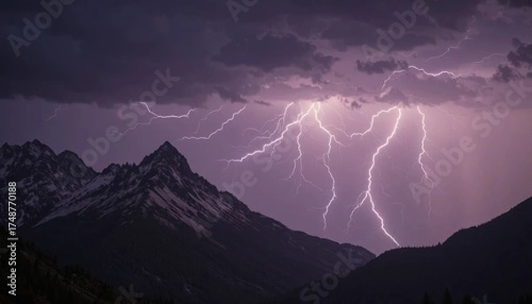 Obraz Lightning Strikes Illuminate Dark Mountain Landscape During Stormy Night