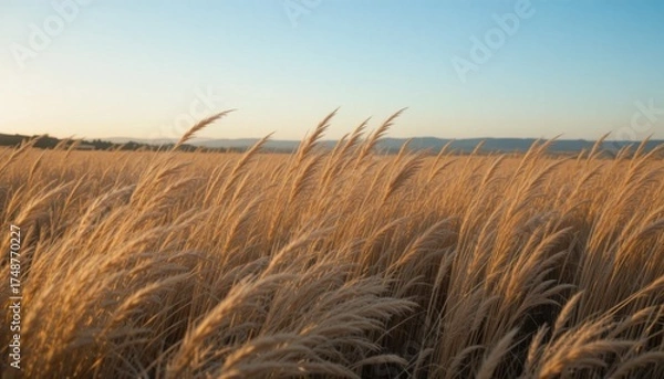 Obraz Golden Grass Sways Gently in the Breeze During a Serene Sunset in a Vast Field