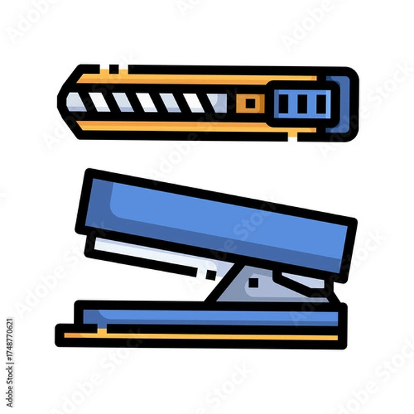 Fototapeta A blue stapler and a yellow and grey utility knife shown from a top down perspective against a clean transparent background ideal for back to school themes