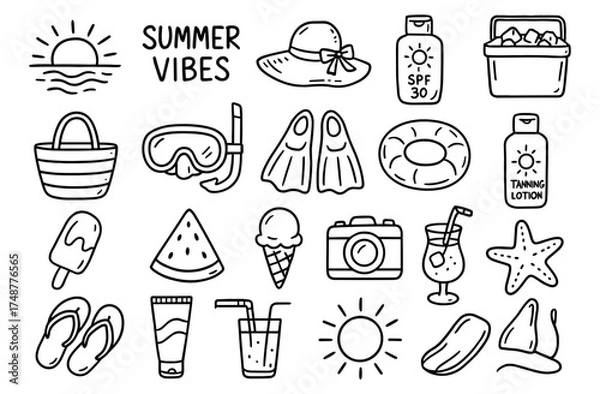 Fototapeta Summer essentials doodle collection: beach, sun, and fun vibes in hand drawn style