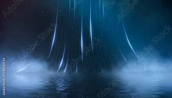 Fototapeta Wet asphalt, reflection of neon lights, a searchlight, smoke. Abstract light in a dark empty street with smoke, smog. Dark background scene of empty street, night view, night city.