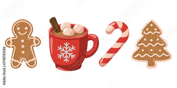 Fototapeta Set of Christmas sweets and cocoa with candy cane, mug and cookies. Hand drawn cartoon vector illustration on white background