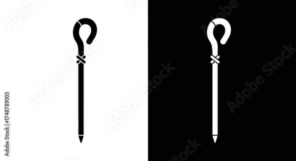 Fototapeta A minimalist black and white icon of a shepherd's crook or staff, featuring a looped handle and pointed end.