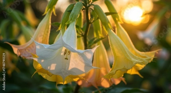 Fototapeta A cluster of angel’s trumpet flowers with their signature trumpet-shaped blooms hanging gracefully. The delicate petals and lush green leaves create an elegant and natural floral display.