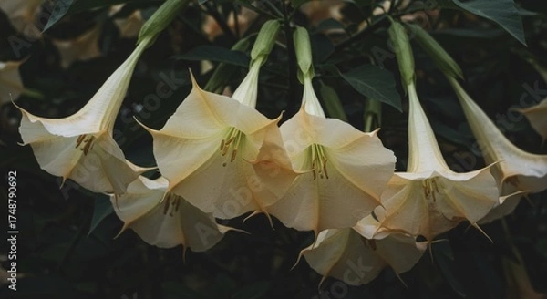 Fototapeta A cluster of angel’s trumpet flowers with their signature trumpet-shaped blooms hanging gracefully. The delicate petals and lush green leaves create an elegant and natural floral display.