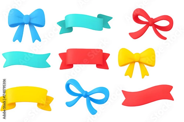 Obraz Collection of colorful ribbons and bows isolated on transparent background