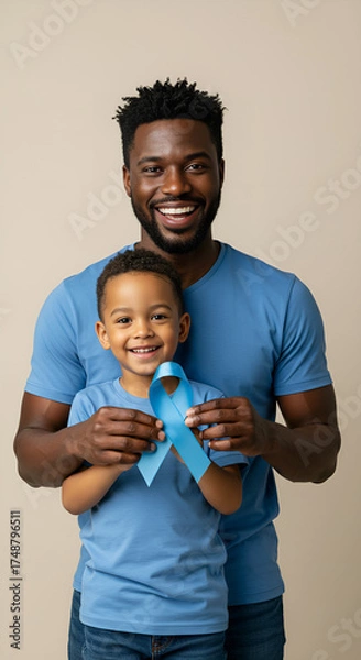 Obraz Pai e filho usando roupas azuis e segurando juntos o laço de conscientização, simbolizando gerações e prevenção Novembro Azul