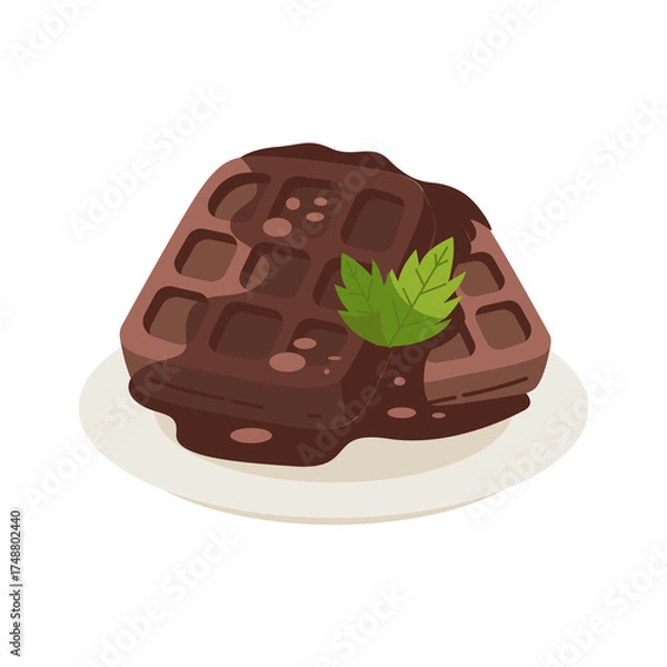 Fototapeta Chocolate Waffles on a White Plate with Mint Garnish against Transparent Background