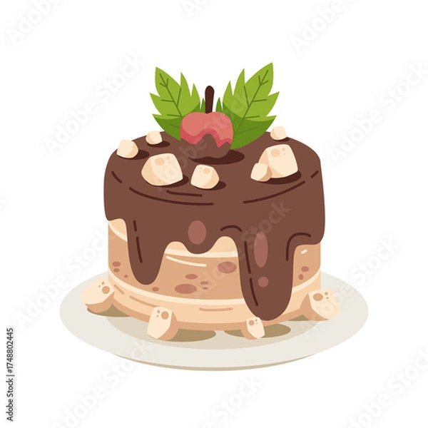 Fototapeta Pixelated Chocolate Cake With Cherry And Mint Leaves On White Plate And Transparent Background