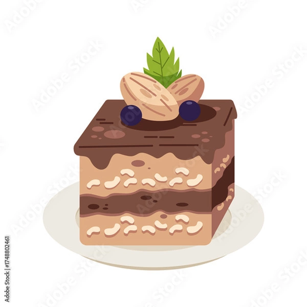 Fototapeta Square Dessert with Layered Textures Almonds and Berries on Plate with White Background