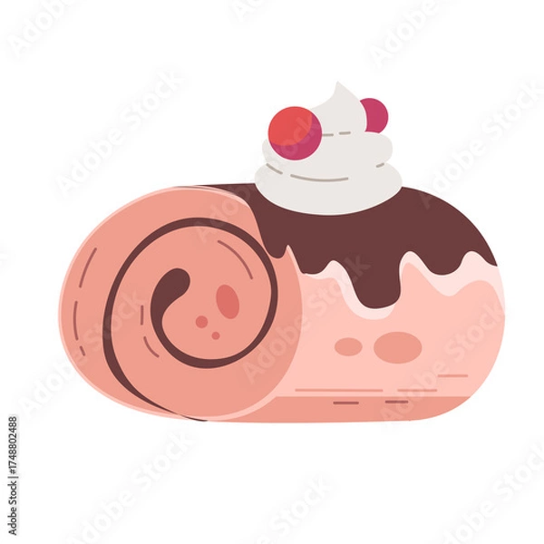 Fototapeta Pink Pixelated Cake Roll with White Cream and Red Cherries Isolated on Transparent Background