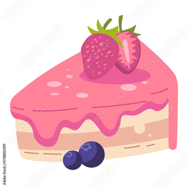 Fototapeta Sweet Pixelated Dessert Slice with Pink Frosting and Berries on Transparent Background