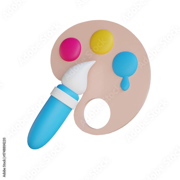 Fototapeta 3D Render of a Light Beige Artist Palette with Primary Colored Paint and a Blue Paintbrush on Transparent Background