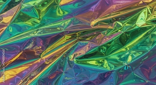 Fototapeta A close-up of crinkled iridescent foil displaying a vibrant mix of green, blue, purple, and gold hues. The reflective surface creates a shimmering holographic effect as light catches its folds