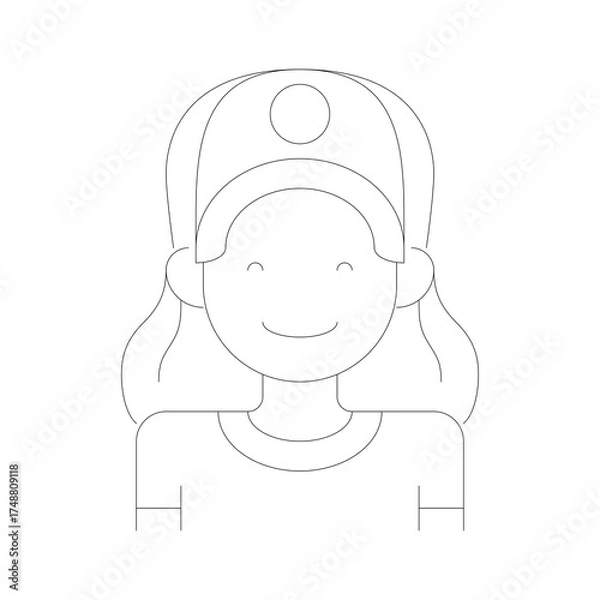 Fototapeta Simple Outline Drawing of a Girl with a Hat and Pigtails on a Transparent Background Representing an Avatar Concept in White and Black Colors