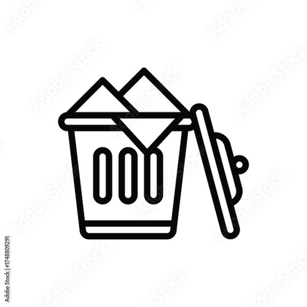 Fototapeta Simple Outline Icon of an Open Trash Can Filled with Paper Waste and Lid Ajar Against a Transparent Background