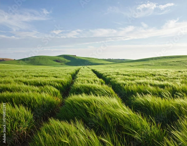 Fototapeta Green field with tire tracks under blue sky and clouds, peaceful rural landscape with rolling hills and fresh grass waving gently in breeze on sunny day
