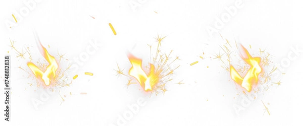 Fototapeta Set of realistic fire sparks isolated on transparent PNG background, glowing orange and yellow ember particles for explosion, flame, heat, and light effect overlays in photo or video editing