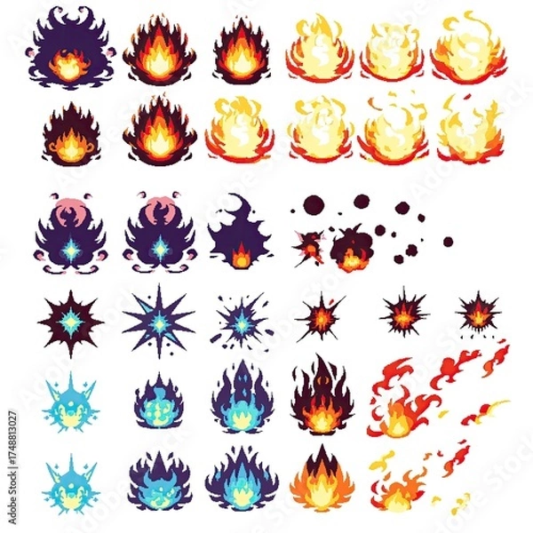 Fototapeta Pixel Art Explosion Set Magical Blast 18bit 16bit Isolated Retro RPG Video Game Asset Colletion