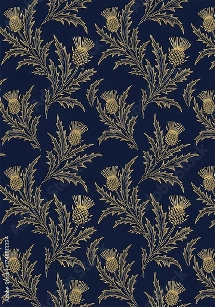 Fototapeta Detailed thistle pattern with golden accents on a deep blue backdrop