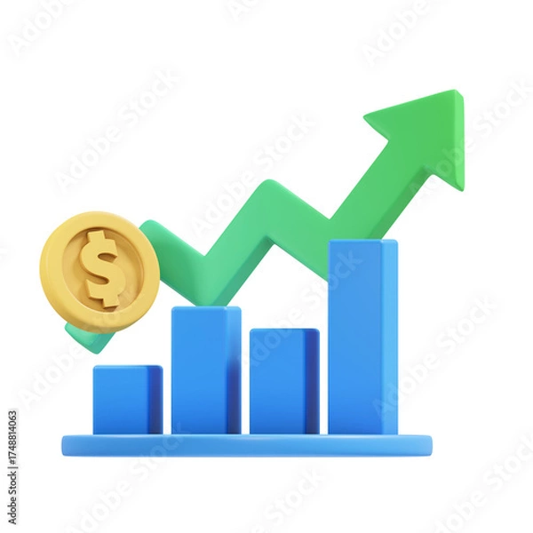 Fototapeta Blue bar graph with rising green arrow and golden coin symbolizing financial growth and success on a transparent background