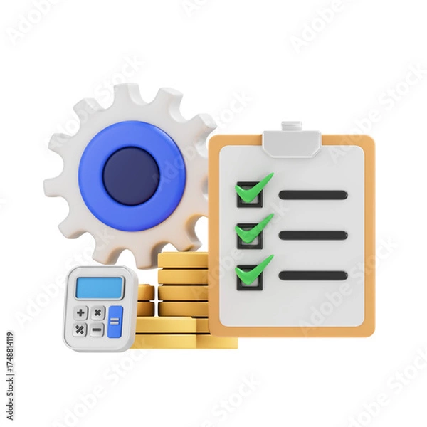 Fototapeta Calculator Gear Stack of Coins and Checklist with Green Checkmarks symbolizing financial planning and business efficiency in a 3D render