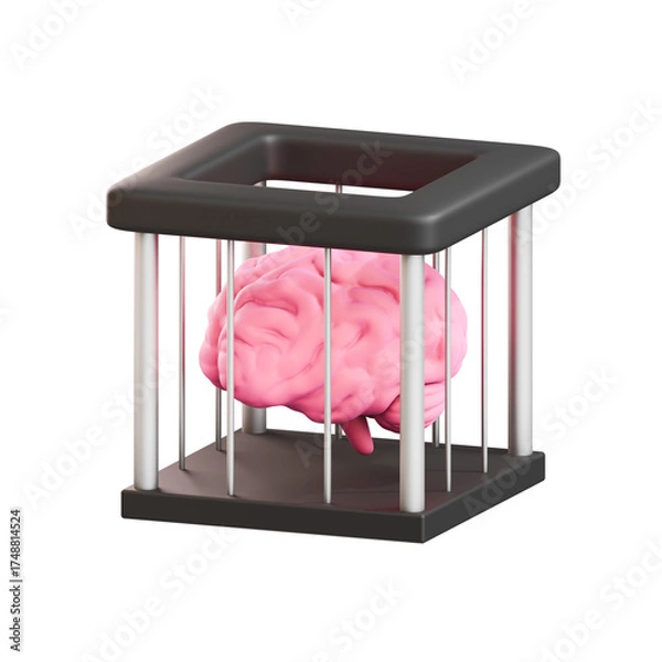 Fototapeta Pink Brain Trapped Inside a Black Metal Cage with White Bars Against a Transparent Background symbolizing mental restriction or cognitive confinement